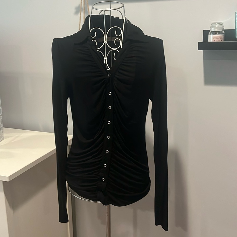 Black Enza Costa long sleeved top with ruching.  Size L